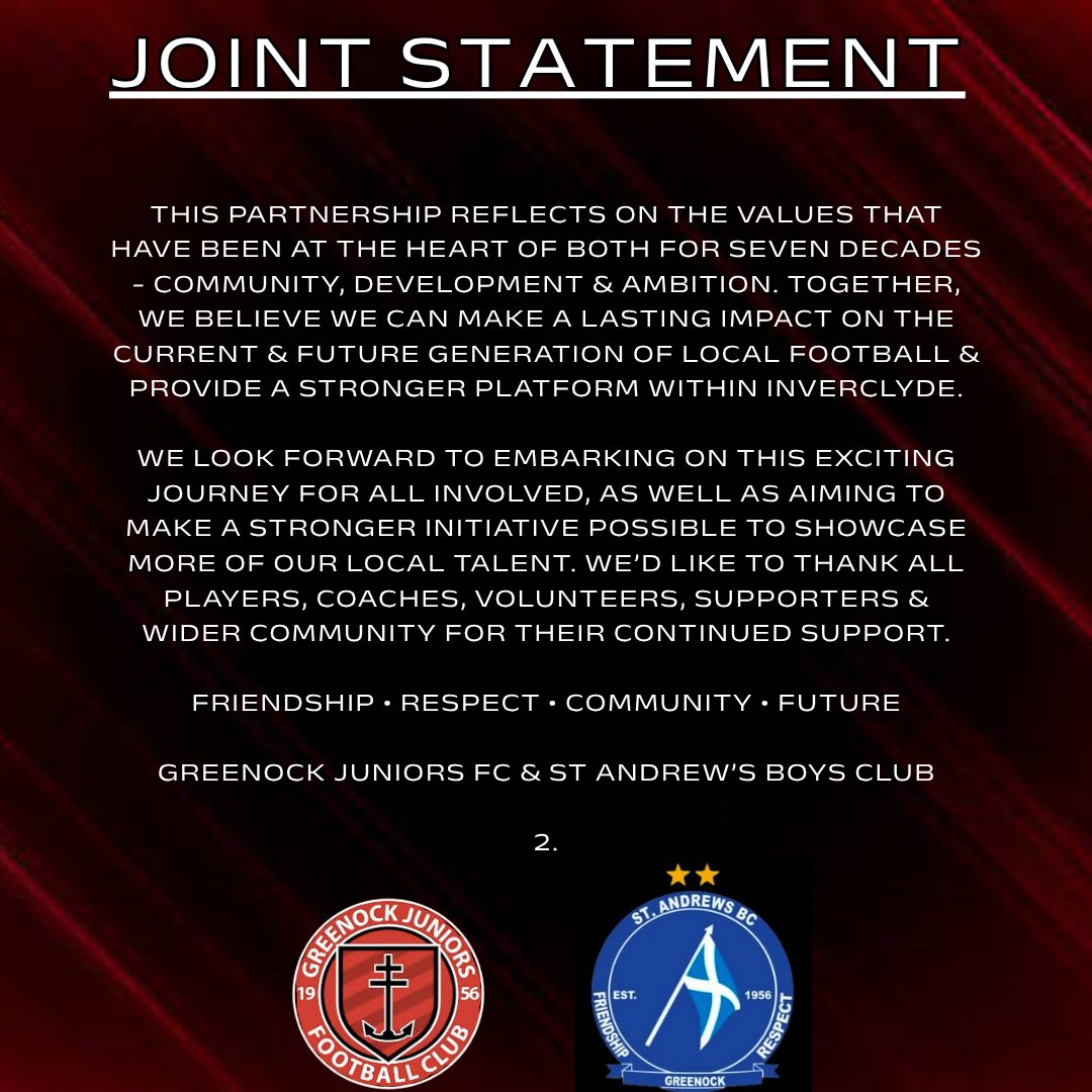 GREENOCKJFC's tweet photo. Joint Club Statement.

Greenock Juniors FC &amp; St Andrew’s BC would like to announce the following player progression partnership plan, which will see both clubs provide opportunities to players, as well as remaining with their original identities &amp; club names. More news to follow. https://t.co/PAKVrjCfc5