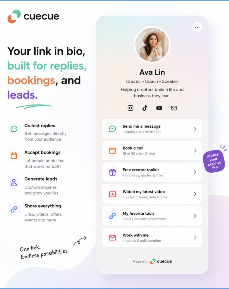 cuecuemeus's tweet photo. A link in bio should not just be a list of links.
For creators and small businesses, a link-in-bio tool should help you collect replies, bookings, inquiries, and leads from one profile link.
CueCue turns your bio link into an interactive card.
#linkinbio #linktreealternative https://t.co/iLc54TidaR