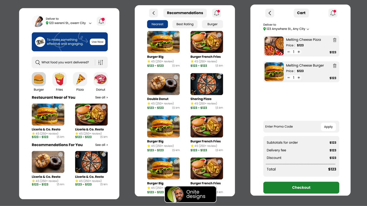onite_developer's tweet photo. Working on a food delivery webapp concept mobile version 🍕🛒

Three screens: browse, discover, checkout. Tried to make it feel clean without being boring  the kind of app you actually enjoy ordering from.

What would you change? Let me know 👇

#MobileUI #AppDesign #UIDesign https://t.co/7VJ9NrybhN