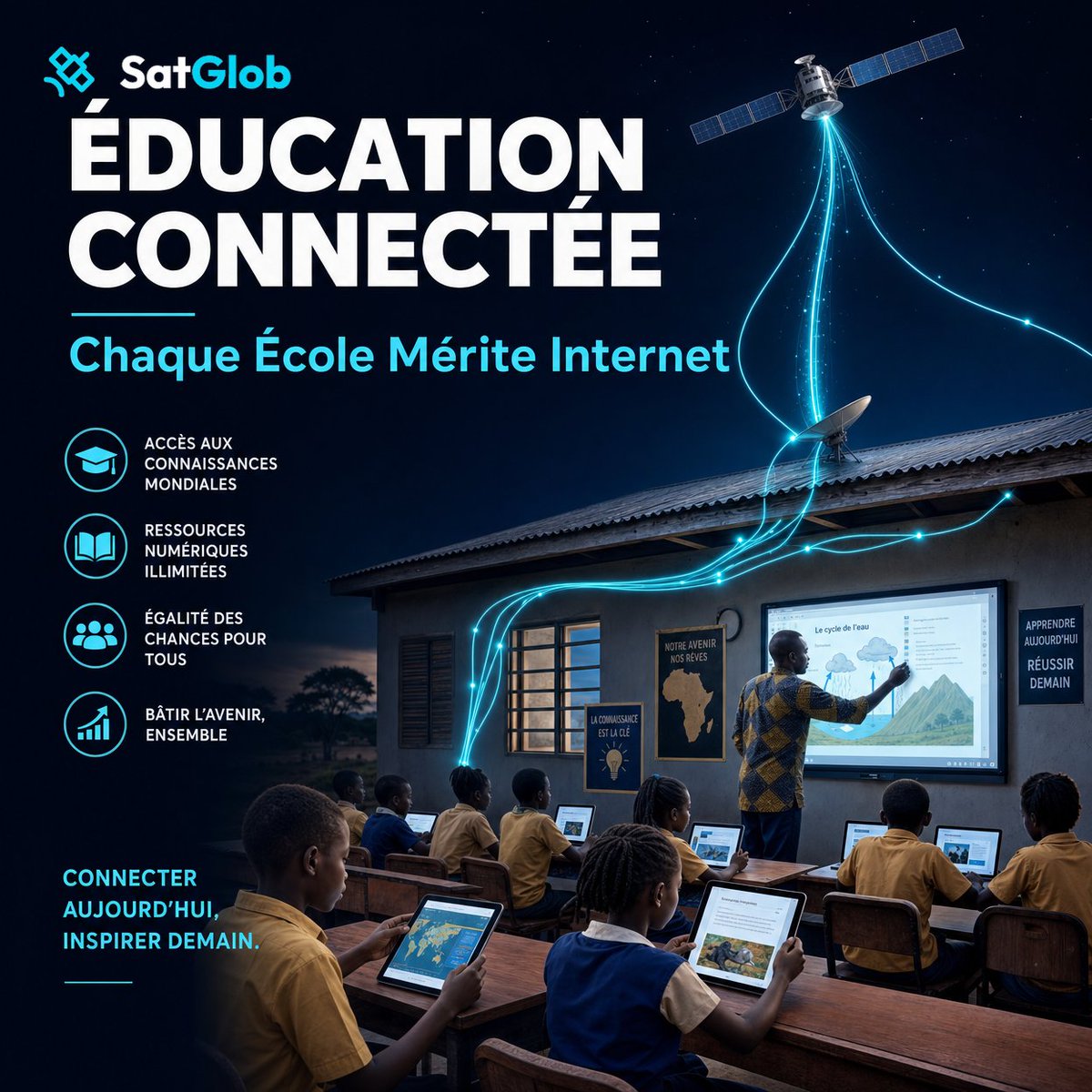 SatglobInternet's tweet photo. L'éducation ne devrait jamais être limitée par la distance ou l'absence d'infrastructures.

Grâce à SatGlob, chaque école peut accéder aux mêmes ressources et opportunités que le reste du monde.

Connecter aujourd'hui, inspirer demain. https://t.co/PL7pLcNf2p