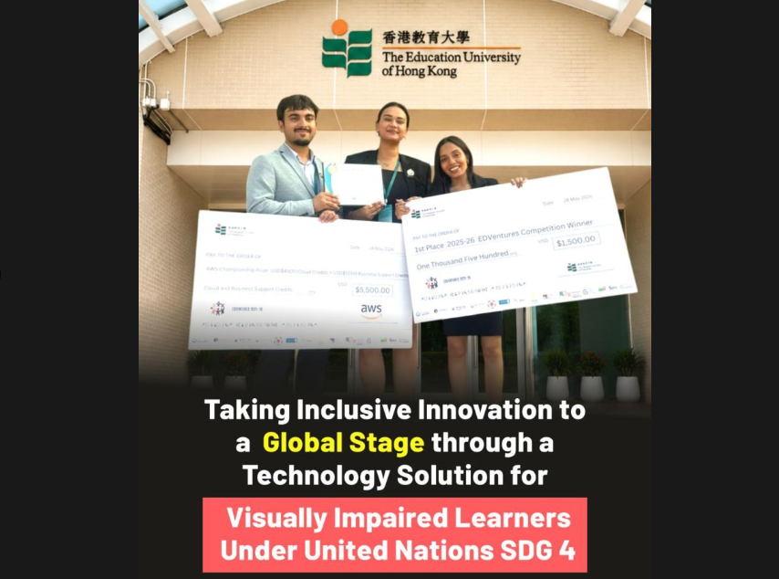 SCSE_GU's tweet photo. Galgotias University shines globally at EDVentures 2026, Hong Kong! 🌍🏆 Team TACTO won the Top Prize &amp; AWS Championship Prize for making STEM education accessible to visually impaired learners. Congratulations to all our student innovators! 🚀🇮🇳

#EDVentures2026 #HongKong https://t.co/a98HUdKvBq