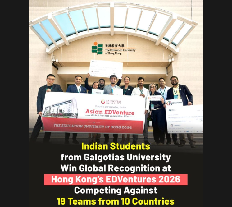 SCSE_GU's tweet photo. Galgotias University shines globally at EDVentures 2026, Hong Kong! 🌍🏆 Team TACTO won the Top Prize &amp; AWS Championship Prize for making STEM education accessible to visually impaired learners. Congratulations to all our student innovators! 🚀🇮🇳

#EDVentures2026 #HongKong https://t.co/a98HUdKvBq