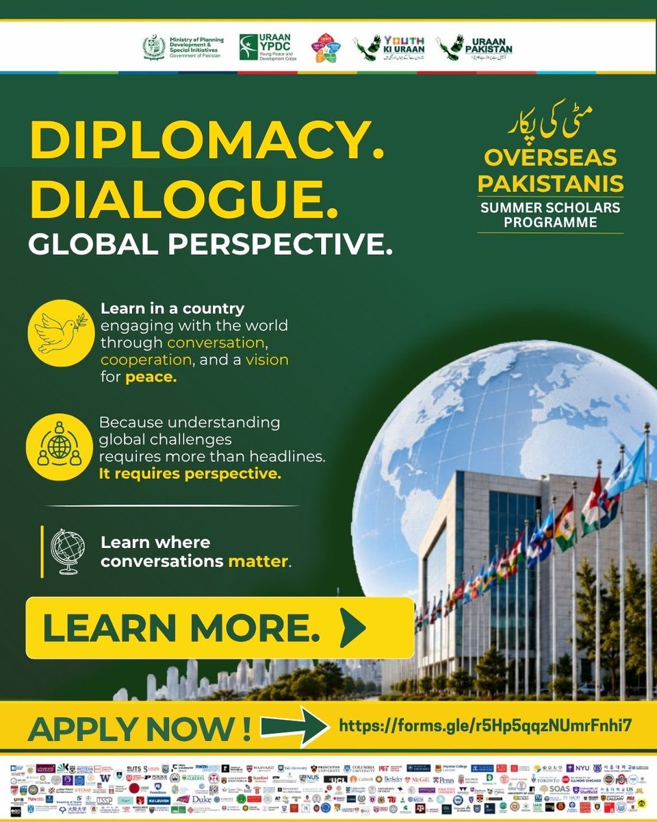 PlanComPakistan's tweet photo. Understanding complex global challenges requires much more than just reading the headlines, it requires deep, structural perspective.

The 2026 Overseas Pakistanis Summer Scholars Programme is your gateway to learning in a country actively engaging with the world through conversation, cooperation, and a unified vision for peace. 

Step into the Ministry of Planning to see how international developmental, diplomatic, and economic strategies are synthesized into actionable national policies.  

Bypass the conventional corporate routine this summer break. Learn where conversations matter.

Come with ambition. Leave with insight, leadership, and a deeper connection to Pakistan’s future.

Applications Deadline: 15 June 2026
🔗 Apply Online Today: https://t.co/uMEkLq7oXK

#YouthKiUraan #GlobalScholars #DiplomacyAndDialogue #PublicPolicy #NationalTransformation @YPDC_PK