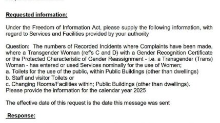 JournalistJill's tweet photo. I'm really not convinced by this poll by the trans activist org Translucent which claims there are 'hardly any' complaints about men in women-only facilities.

A few reasons: I'm aware of one council where at least THREE women complained about a man in their women-only changing area in a council run swimming pool. Yet the FOI response that I've seen said only one person had complained. Where are the other two?

Secondly, look at the wording on this example of Translucent's FOI to one council - it only mentions 'transgender women'. The person I know who complained only ever said 'man' in the women's changing room in her complaint. Could this be a 'get out clause' for councils to say they have had no complaints about 'transgender women'. I think it might. 

Thirdly, it mentions 'recorded incidents'. I know from speaking to women affected by this that organisations (and no doubt councils) are extremely reluctant to officially record incidents or complaints of this nature and like to deal with it 'off the record' if they can. 

It's only speculation at this point. But I'd be interested to hear your experiences and thoughts and to know if any woman who HAS complained to her local council about this issue has followed it up with an FOI or indeed, has checked out their council's response to Translucent's FOI. Does it match up with your knowledge of whether there have been complaints?