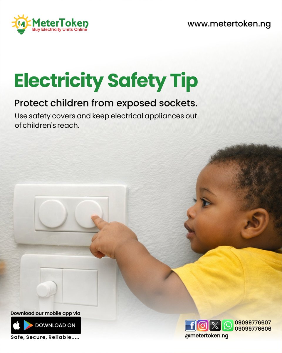 Metertokenng's tweet photo. Children are naturally curious, so electrical safety at home is essential.

Use socket covers and keep appliances out of reach to prevent accidents.

Small steps today keep children safe tomorrow.

#ElectricalSafety #ChildSafety #SafeHomes #MeterToken https://t.co/rdmPsFztGF