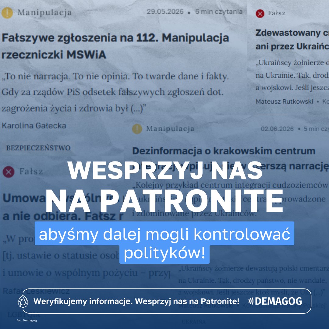 DemagogPL's tweet photo. 👁️ Na przestrzeni tylko tego tygodnia zweryfikowaliśmy kolejne wypowiedzi polityków, które oceniliśmy jako manipulację lub fałsz.

Rzeczniczka @MSWiA_GOV_PL @K_Galecka opublikowała grafikę z wykresem, z którego wynika, że w okresie rządów PiS odsetek fałszywych zgłoszeń był znacznie wyższy niż obecnie. To manipulacja – chociaż posłużyła się prawidłowymi danymi, nie dotyczyły one  konkretnie fałszywych zawiadomień, które wywołały reakcję służb.

Mateusz Rutkowski @KoronyPolskiej udostępnił z kolei nagranie rzekomo przedstawiające ukraińskich żołnierzy dewastujących polski cmentarz w Ukrainie. To fałsz – jedno z nagrań powstało w 2020 roku i przedstawia żołnierzy azerskich niszczących pochówki Ormian, drugie natomiast stanowi dowód na zniszczenie cmentarza w Libanie przez izraelskich żołnierzy.

🫵 Każdy taki wpis to tysiące natychmiastowych reakcji, udostępnień, komentarzy i silnych emocji. Wspierając niezależny fact-checking, przyczyniasz się do polepszenia poziomu polskiej debaty publicznej i uwolnienia jej od nadmiaru fake newsów i dezinformacji.

Wesprzyj nas na Patronite, abyśmy dalej mogli weryfikować wypowiedzi polityków! https://t.co/MaYS9YN8Bj