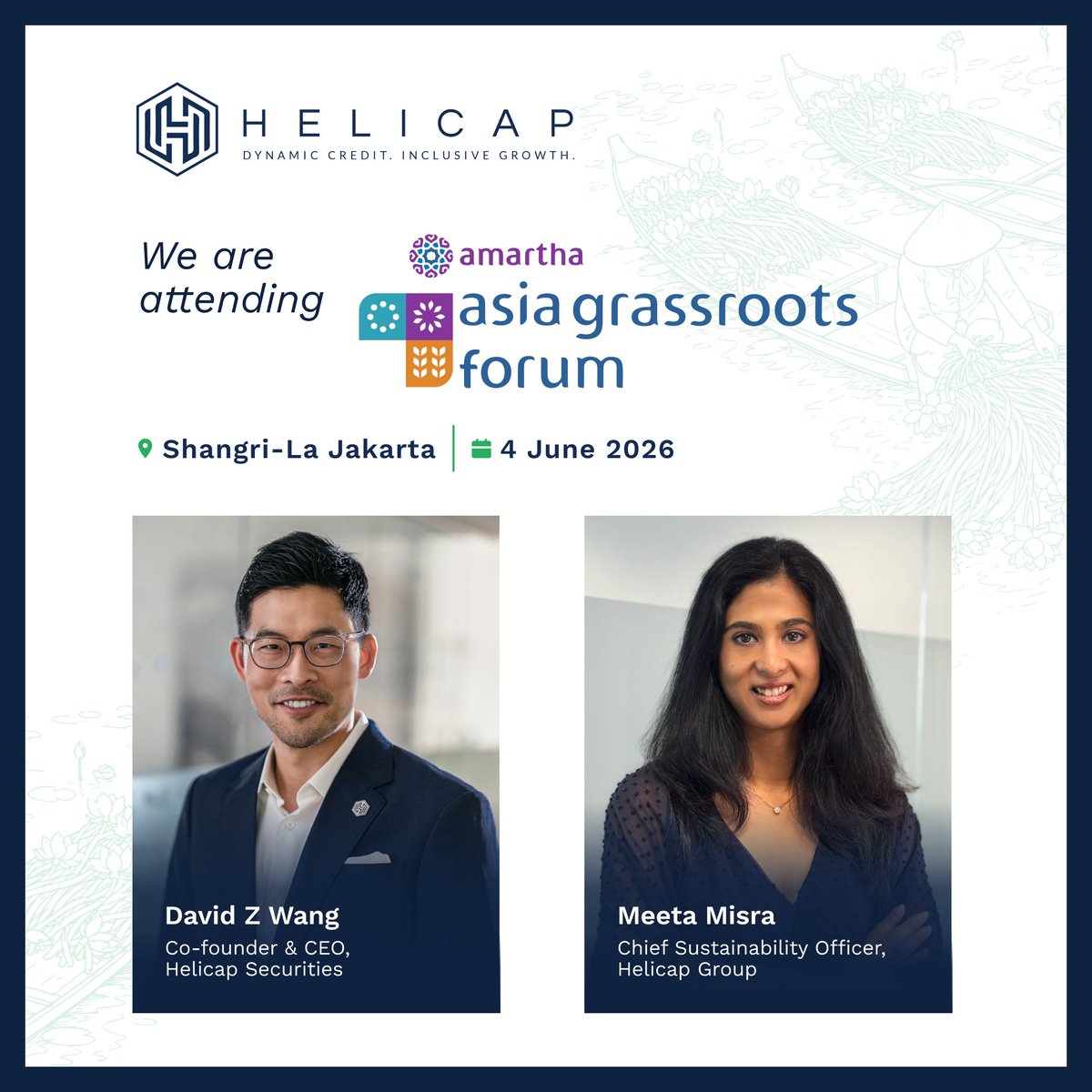 Helicapsg's tweet photo. @Helicapsg is heading to Jakarta for the Asia Grassroots Forum (AGF) 2026 🚀

Co-hosted by @amarthaid, @IFC_org, @Accion, and @womensworldbnkg, AGF brings together leaders across finance, tech, and impact investing to shape a more resilient grassroots economy.

Our team will be on the ground at Shangri-La Jakarta:

• David Z Wang - discussing private credit & institutional lending opportunities across emerging Asia

• Meeta Misra - joining the roundtable on unlocking the informal economy through technology

Looking forward to connecting with founders, investors, and ecosystem partners driving financial inclusion across the region 🤝

#The2026AsiaGrassrootsForum #AGF2026 #FinancialInclusion #ImpactInvesting #Fintech