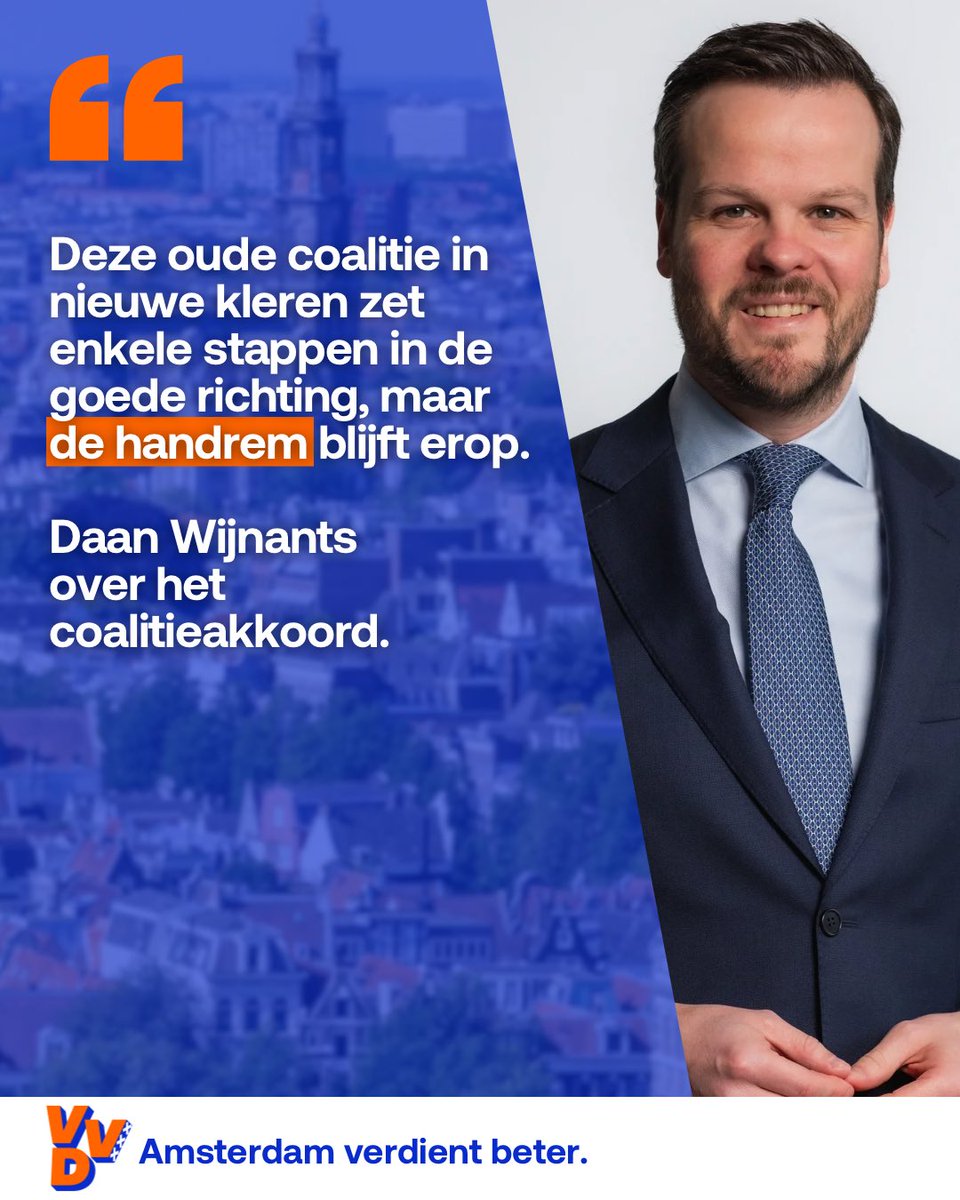 VVDAmsterdam's tweet photo. De vraag die centraal stond bij het lezen van het nieuwe coalitieakkoord van PRO en D66. Wordt Amsterdam de komende vier jaar schoner, veiliger, betaalbaarder en aantrekkelijker om in te wonen, werken en ondernemen?

Lees hier onze eerste reactie 👇🏻 https://t.co/BrBYbTsh6B