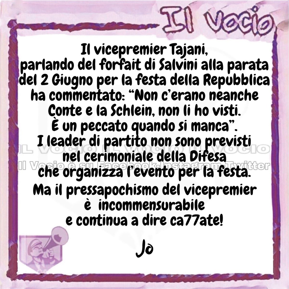 ilvocio's tweet photo. #jo #ilvocio #Tajani #vicepremier #Salvini #festadellarepubblica #vicepremier #assente #leader  #Schein #partiti #ignoranza #vergogna #3giugno https://t.co/izOFMi8IqJ