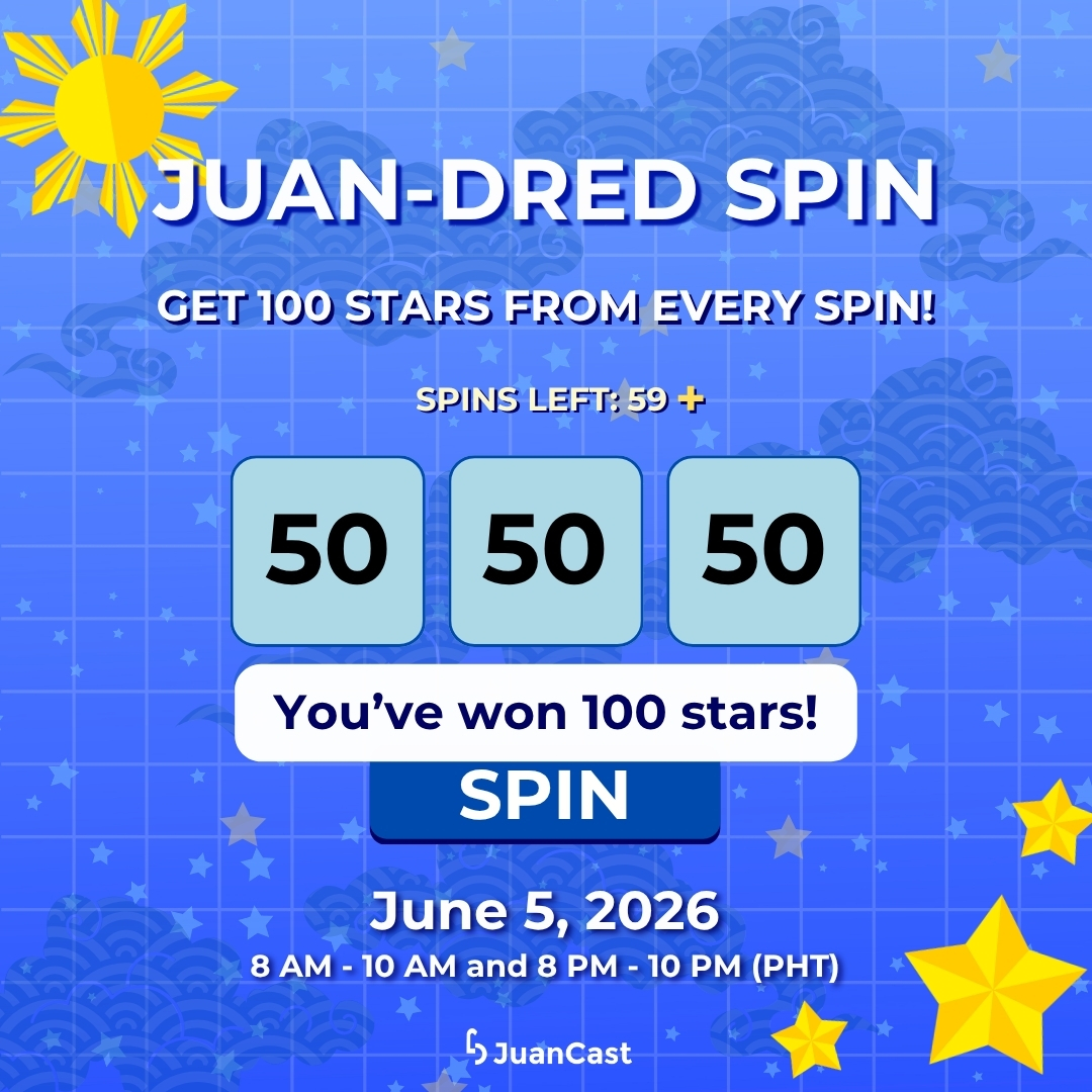 NotJuanCastPH's tweet photo. Let’s make your Friday, Friyay 🙌because of Juandred stars! 🌟

You will get 100 stars for every spin for tomorrow, June 5, 2026  at 8 AM - 10 AM and 8 PM - 10 PM. Hindi ka na mabibitin sa pag vote sa favorite mo!

#JuanCast #EveryJuansChoice #JuandredSpin https://t.co/DAyQDXFYzX