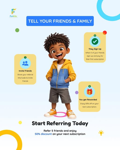 O_V_Adejayan's tweet photo. Parents, here's a little reward for spreading the word 💛

Refer 5 friends or family members to FunEdu and enjoy a discount on your next subscription.

It's simple:
🔗 Share your referral link/code
👨‍👩‍👧‍👦 5 people sign up and subscribe
🎉 Get a discount on your next plan

Learning is better when we grow together.

Follow @FuneduKidApp