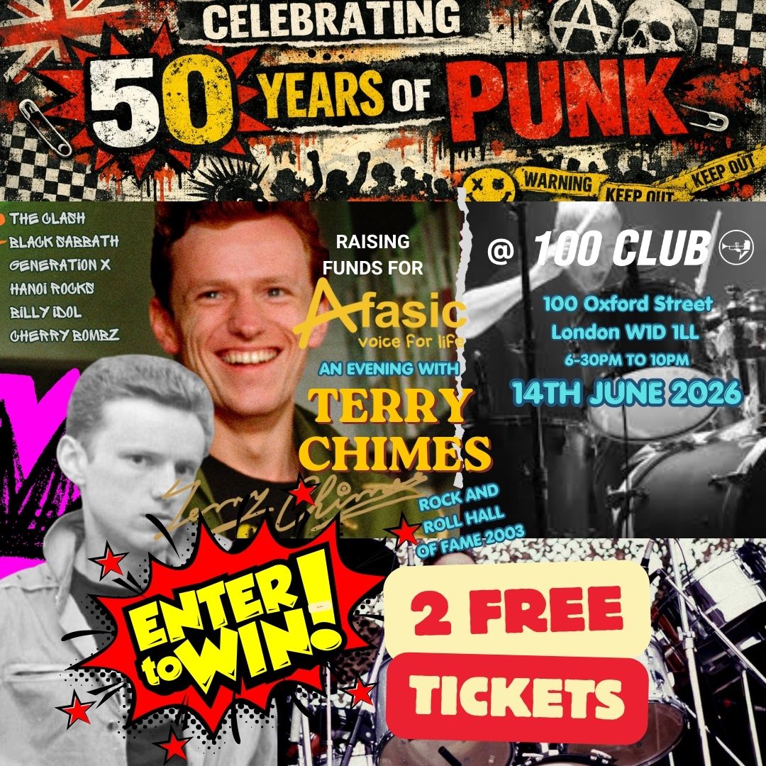 Afasic's tweet photo. Ticket Giveaway Terry Chimes We’re giving away 2 tickets for Terry Chimes evening at the 100 Club on 14 June at 6:30pm.
To enter:
• Like this post
• Repost
• Tag someone who’d enjoy a night of Clash history, stories and Q&amp;A

Winner announced 10th June.

https://t.co/5CGlnz1Zvf https://t.co/wSgYQWlgMG