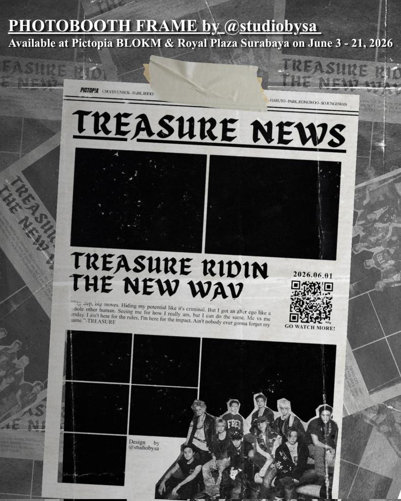 studiobysa's tweet photo. 🚨BREAKING NEWS; 
―TREASURE RIDIN' THE NEW WAV🚨

📍Available at Pictopia BLOKM &amp; Royal Plaza Surabaya
🗓️ June 3 - 21, 2026

Catch your wave and be the headline!📰🌊
Mention @studiobysa with hashtag #TREASURE_NEW_WAV #IF_I https://t.co/wReAnYUnqV
