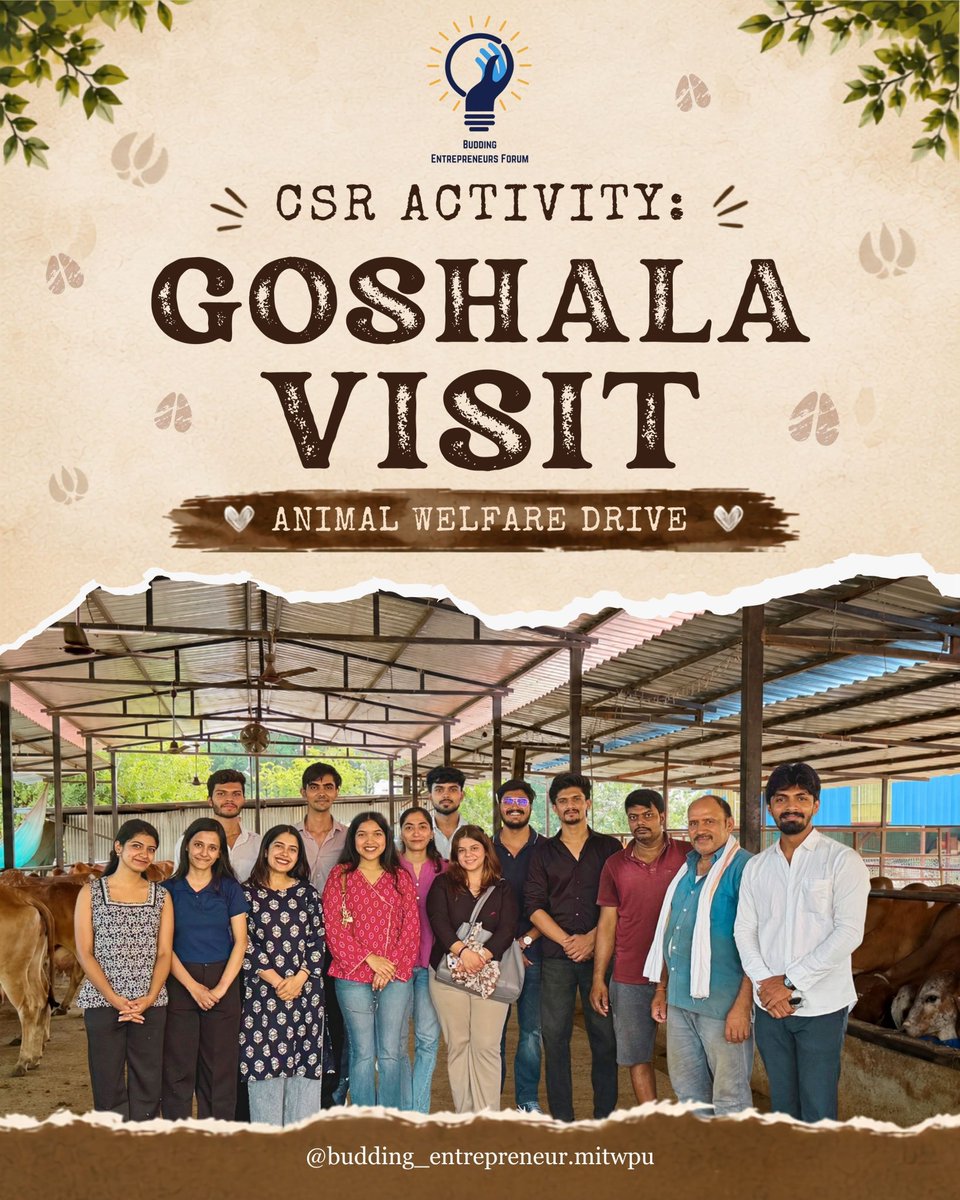 BuddingForumMIT's tweet photo. At Budding Entrepreneurs Forum, we believe true success is reflected in kindness. Our CSR visit to a Gaushala reminded us that even small acts of care and compassion can create a lasting impact.

#buddingentrepreneursforum #schoolofbusiness #csr #csractivity https://t.co/iNNWDVdlfA
