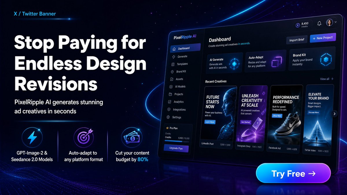 PixelRippleAI's tweet photo. Stop paying for endless design revisions.

PixelRipple uses GPT-Image-2 + Seedance 2.0 to turn a product link into ready-to-use posters and promo videos. Auto-generated layouts, scenes, and color matching. Multi-platform formats included.

Create more content. Spend less. https://t.co/JFqBA0cPTE