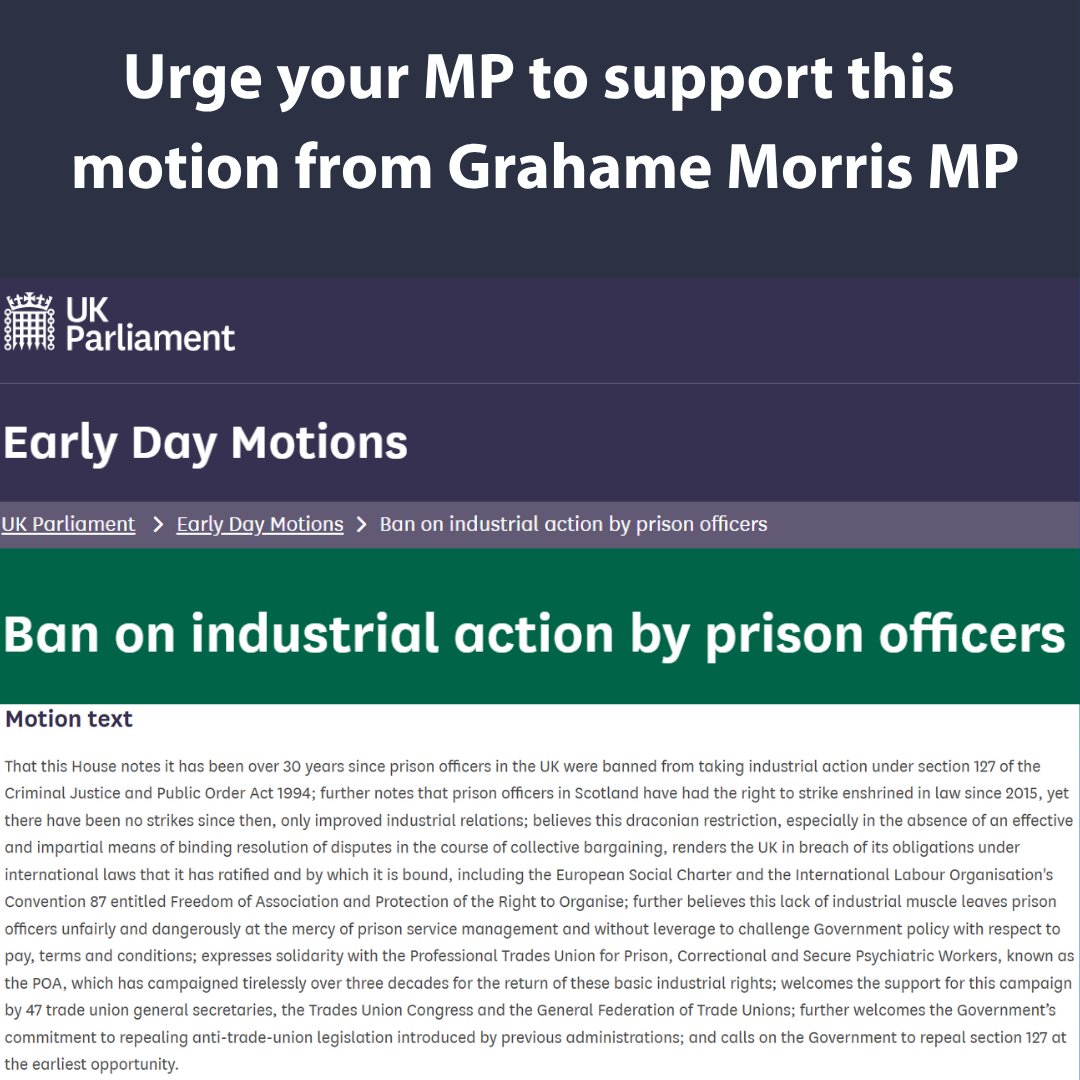 POAUnion's tweet photo. Please urge your MP to support this parliamentary motion from @grahamemorris calling for the Labour Government to reinstate Prison Officers' fundamental human right right to strike. https://t.co/CZoLVXkK1I