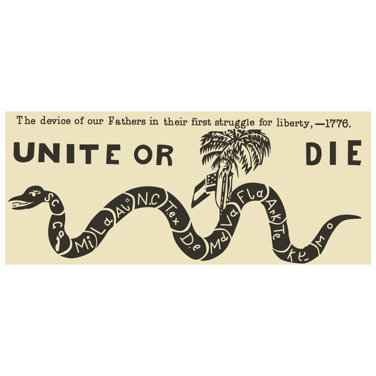 beauregardsshop's tweet photo. "Unite or Die-  The device of our Fathers in their first struggle for liberty, - 1776. "

Design is a copy of letter head, beloved to have been printed South Carolina in late 1860 or early 1861. The artwork is a clear call back to the revolution in design, with the more common seen snake style seen in other South Carolina pieces. The snakes segments include all of the Southern states, with the addition of Delaware, which is also common seen in early Secession designs from South Carolin in 1860. 

https://t.co/BTi0bYv41Y

#uniteordie #SouthCarolina #Confederate #CivilWar