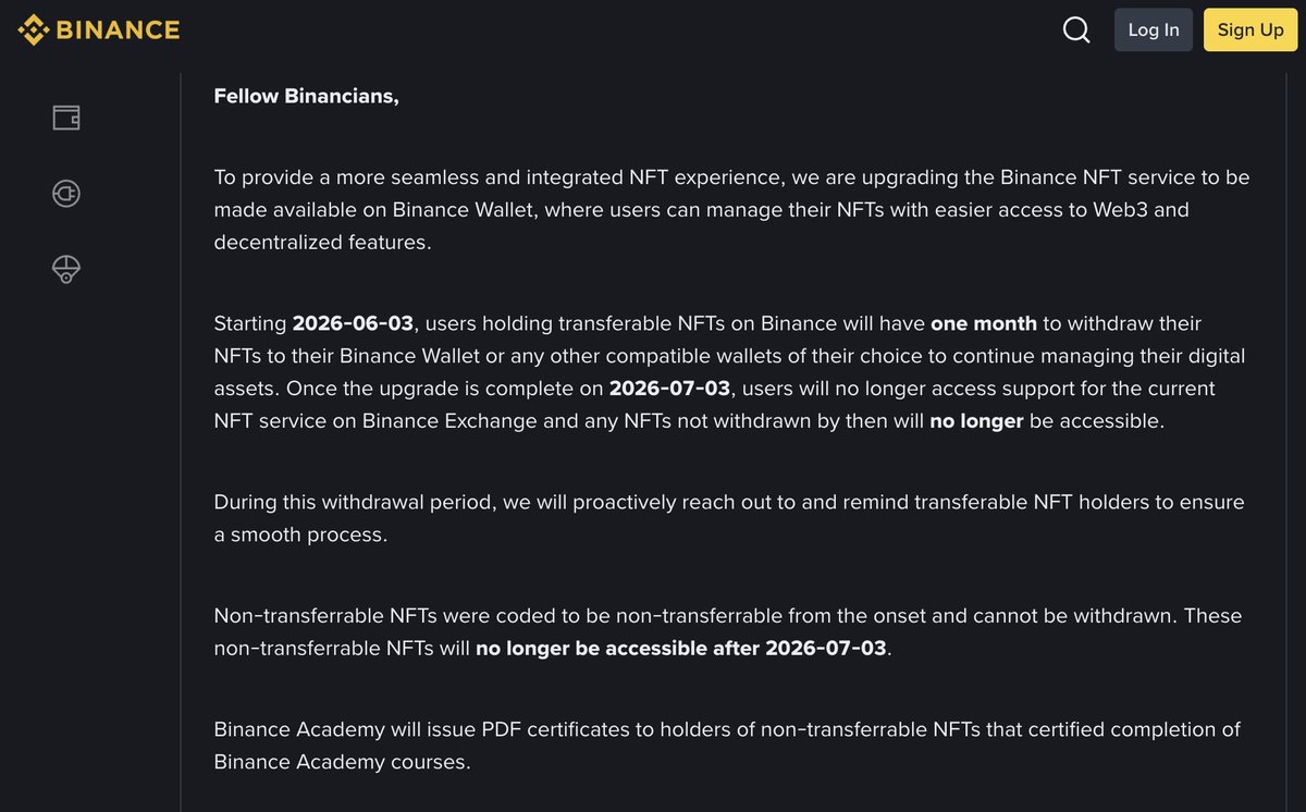 techno_vas's tweet photo. UPDATE:

Binance Exchange is Ending NFT Support &amp; is moving the services to its Binance Wallet.. Users now have until 3rd July to withdraw Eligible NFT's before they become inaccessible.. https://t.co/hiRYAjj884