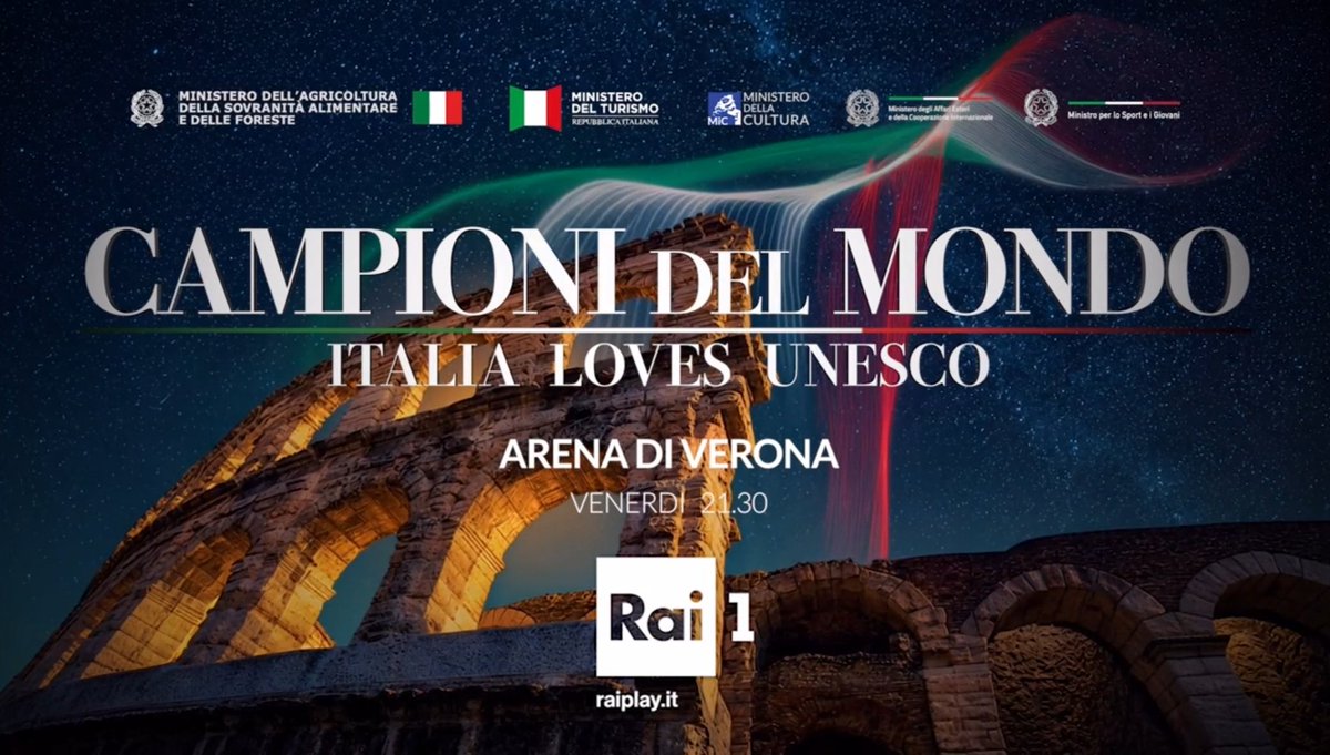 TeleVisionaro's tweet photo. 🟦 #CampioniDelMondo
#ItaliaLovesUnesco
In diretta in Mondovisione dall'Arena di Verona
Condotto da Milly Carlucci 
Grandi ospiti musicali italiani ed internazionali celebrano il patrimonio Unesco
Sarà lanciata la candidatura della canzone napoletana classica

Ven 5/6 21.30 #Rai1 https://t.co/n9c2zgrsaj
