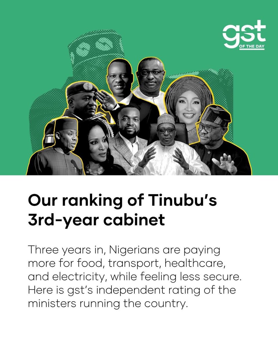 wearegst's tweet photo. How well are the ministers running the country actually performing? Here is gst’s independent rating of Tinubu’s 3rd-year cabinet. https://t.co/3YGn3kstU1