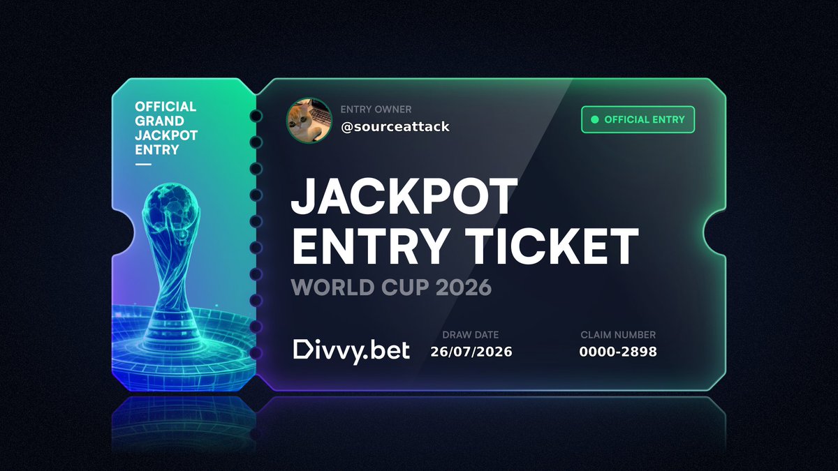 sourceattack's tweet photo. Claimed my @DivvyBet Ticket before the World Cup kicks off.

220 SOL Prize Pool across Weekly Drops, Streak Payout, and Grand Jackpot.

Free to claim. @DivvyBet on Solana. https://t.co/D9cEKB9wD9 https://t.co/ACkuzHy7nT