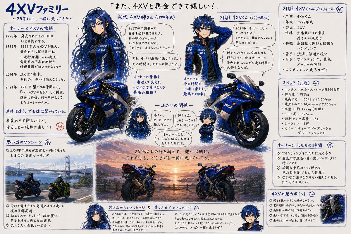 えっと、同じバイクを2台乗っていて、最初に買ったのは1999年で……」と