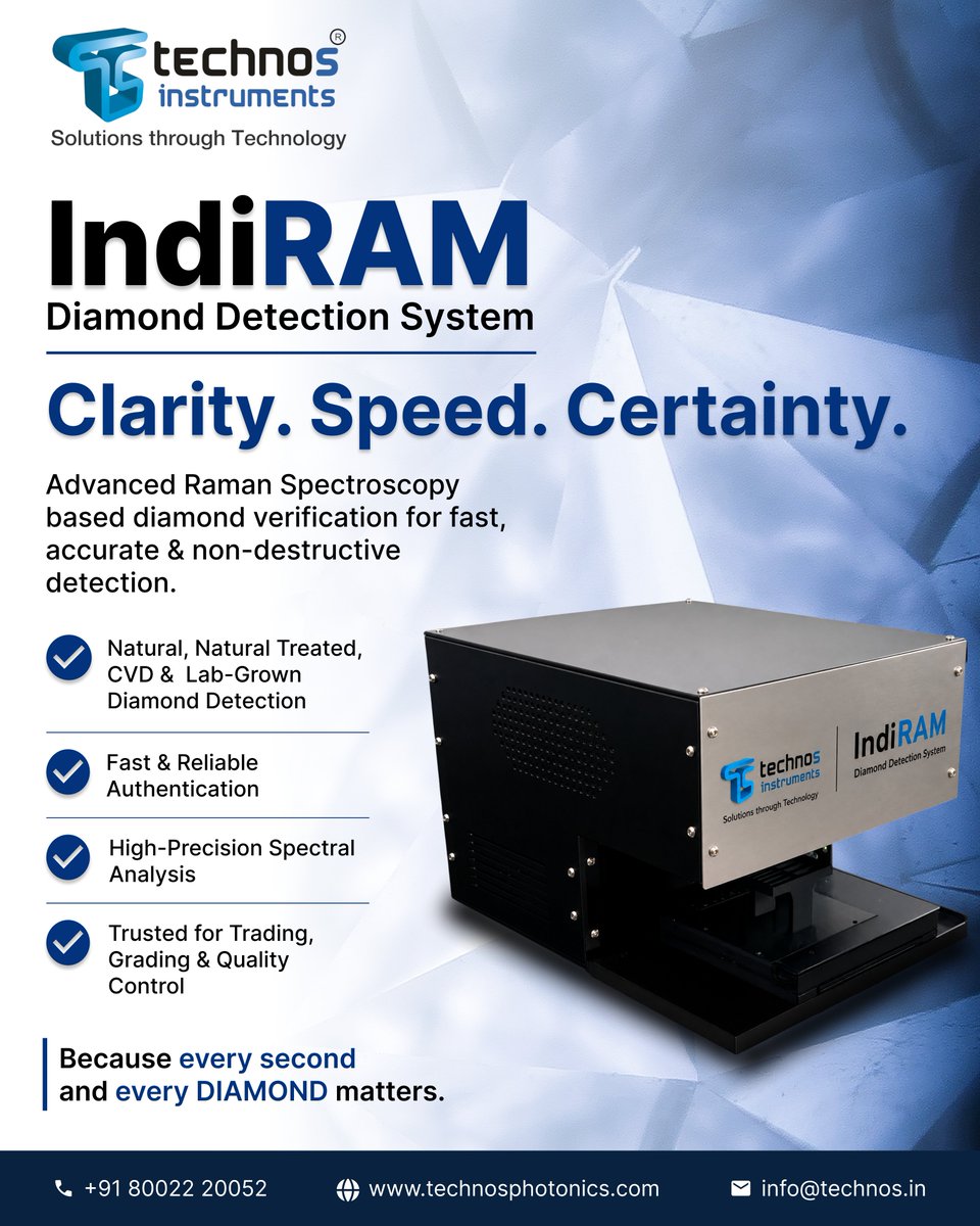 TechnoSInstrume's tweet photo. Can your current system tell the difference between Natural, CVD, and Lab-Grown diamonds in seconds? ⬛💎
Meet IndiRAM, the Diamond Detection System built on Advanced Raman Spectroscopy for labs that can't afford to get it wrong.
✅ Natural & Natural Treated detection
✅ CVD & Lab-Grown identification
✅ High-Precision Spectral Analysis
✅ Fast, reliable & non-destructive

When grading accuracy defines your reputation, you need more than a loupe. You need certainty.

📩 info@technos.in | 🌐 https://t.co/kumaDHsizk

Because every second and every diamond matters.

#diamonddetection #gemological #ramanspectroscopy #diamondgrading #labgrowndiamond