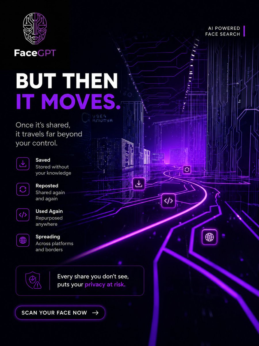 FaceGPTAI's tweet photo. You post a photo.
You assume it stays on your profile.
But photos get copied.
Shared.
Reused.
And sometimes appear somewhere else entirely.
Most people never see that part.
Start noticing the pattern.
FaceGPT helps you discover where your face appears online.
#FaceGPT #Privacy #FaceSearch #OnlineSafety