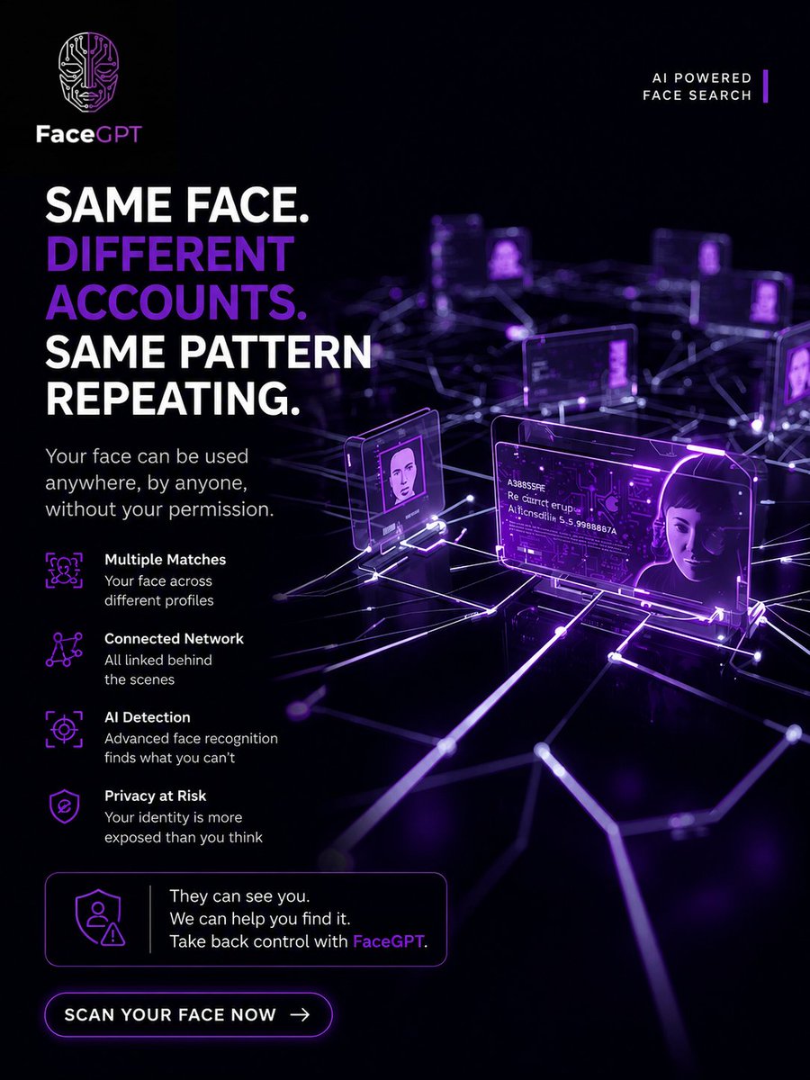 FaceGPTAI's tweet photo. You post a photo.
You assume it stays on your profile.
But photos get copied.
Shared.
Reused.
And sometimes appear somewhere else entirely.
Most people never see that part.
Start noticing the pattern.
FaceGPT helps you discover where your face appears online.
#FaceGPT #Privacy #FaceSearch #OnlineSafety