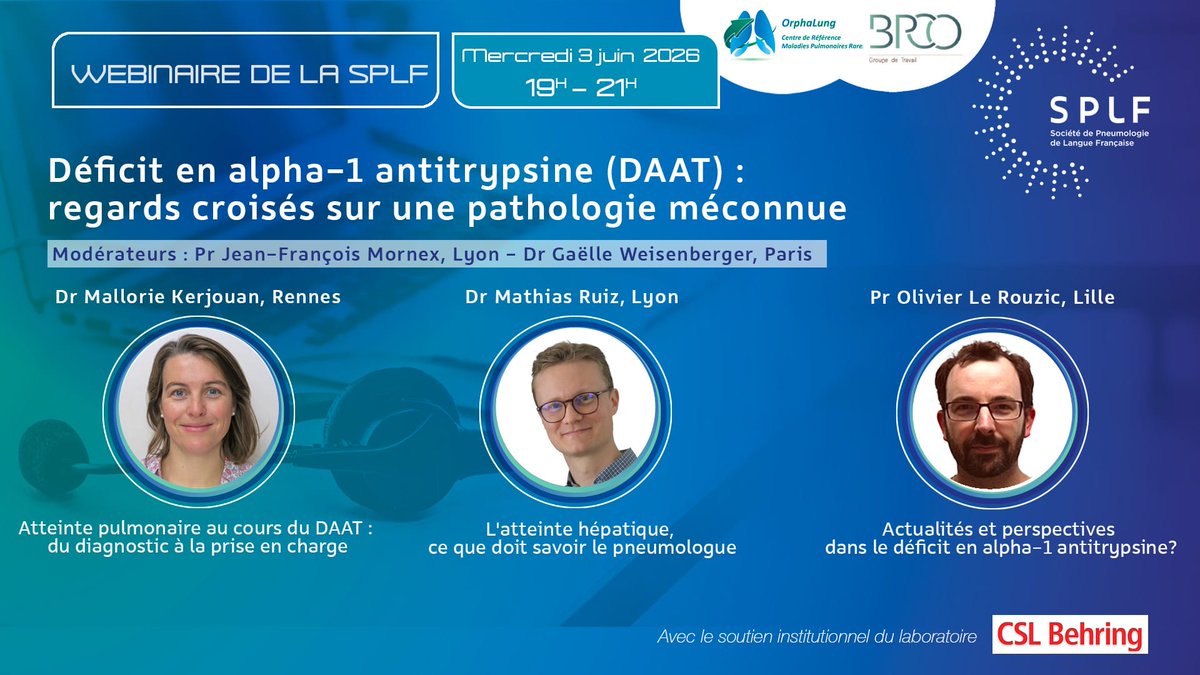 SPLF_SocPneumo's tweet photo. ‼️C'est aujourd'hui  !
Webinaire  : déficit en alpha-1 antitrypsine (DAAT) : regards croisés sur une pathologie méconnue
🕖à partir de 19h 
👉https://t.co/ITcwTEirrO
#DAAT #respiratoire #pulmonaire https://t.co/DYkg003AiM