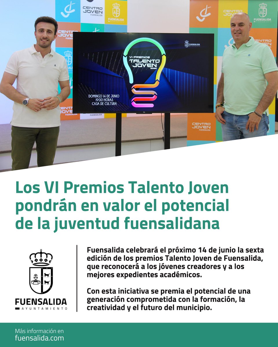 AytoFuensalida's tweet photo. 💡La Casa de Cultura acogerá el 14 de junio una nueva edición de los Premios Talento Joven, una iniciativa del Ayuntamiento de Fuensalida destinada a reconocer el esfuerzo, la dedicación y los logros de los jóvenes del municipio. https://t.co/kPvRuhtLBX