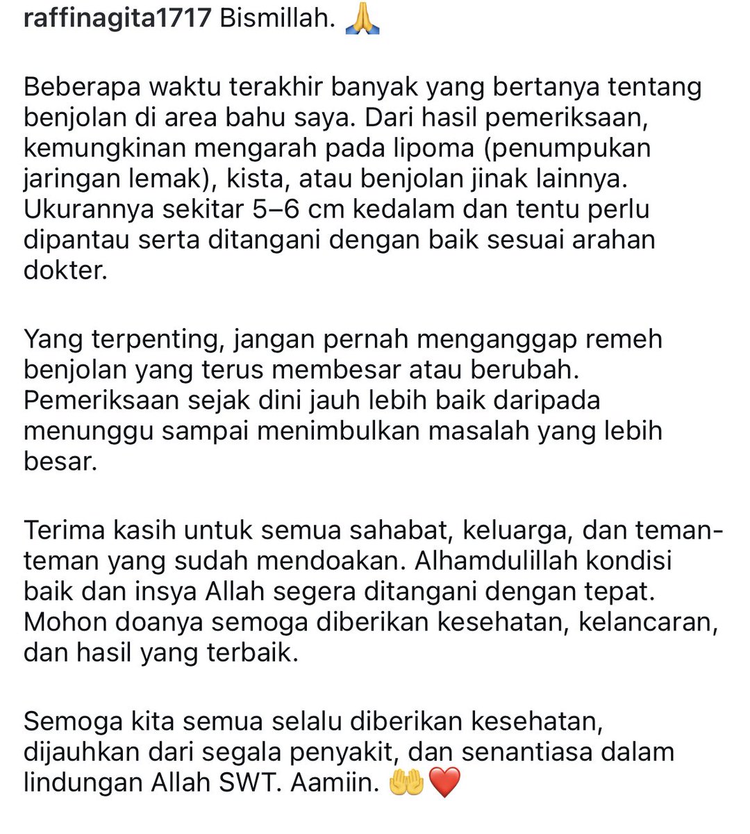 insidefolkative's tweet photo. Raffi Ahmad berbagi cerita alami benjolan di area bahu. 

"Dari hasil pemeriksaan kemungkinan mengarah pada lipoma (penumpukan jaringan lemak), kista atau benjolan jinak lainnya. Ukurannya sekitar 5-6cm kedalam &amp; tentu perlu dipantau serta ditangani dgn baik sesuai arahan dokter. https://t.co/8cNqqtF1rG