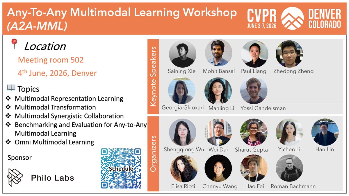 SQWu_Tori's tweet photo. 📢 Join us at the CVPR 2026 Workshop on Any-to-Any Multimodal Learning (A2A-MML)!

🗓 June 4, 2026, Denver
📍 Meeting Room 502, 8:00 am-12:00 am

Featuring an outstanding lineup of keynote speakers and trending topics!

#cvpr #cvpr2026 #a2a_mml https://t.co/nOiIIofEy2