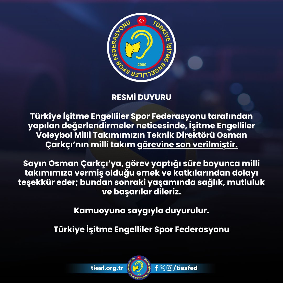tiesfed's tweet photo. 📢 RESMİ DUYURU

Türkiye İşitme Engelliler Spor Federasyonu tarafından yapılan değerlendirmeler neticesinde, İşitme Engelliler Voleybol Milli Takımımızın Teknik Direktörü Osman Çarkçı’nın milli takım görevine son verilmiştir.

Kamuoyuna saygıyla duyurulur. https://t.co/OJjVVrgo2e