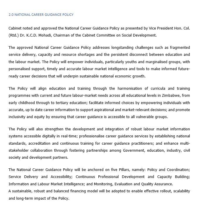 SkillsAuditDvt's tweet photo. National Career Guidance Policy approved

It includes:
- Institutional guidance for all learners starting with ECD to the 4th Industrial Revolution 
- Alignment of education to industry labour markets 
- Tailoring education to natural resources  
- etc

@MoPSEZim @memorynguwi https://t.co/L5wiodTAgj