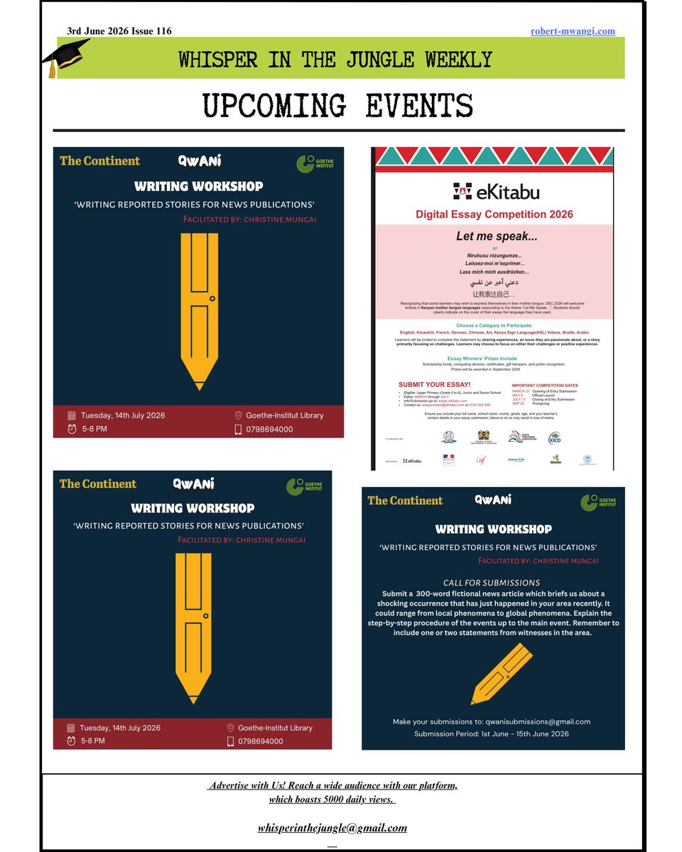 WhisperJungle's tweet photo. Don't miss out on upcoming events, book readings, book launches and signings, poetry sessions,book fairs &amp; workshops, writing competitions happening near you. 

Author Robert Mwangi started this weekly newsletter because when he was writing there was nobody to guide him. https://t.co/MD34yO8zhw