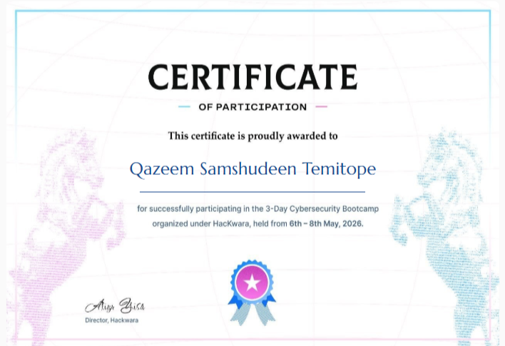 BlaqqSec's tweet photo. Done and dusted  Just received my certificate for completing the HackWara 3-Day Cybersecurity Bootcamp. 
Huge shoutout to the organizers for a phenomenal event. Time to implement these concepts in the lab. 
#Cybersecurity #BlueTeam #HackWara #Infosec #TechTwitter  @confirmedHOD https://t.co/xl2fNaOaur