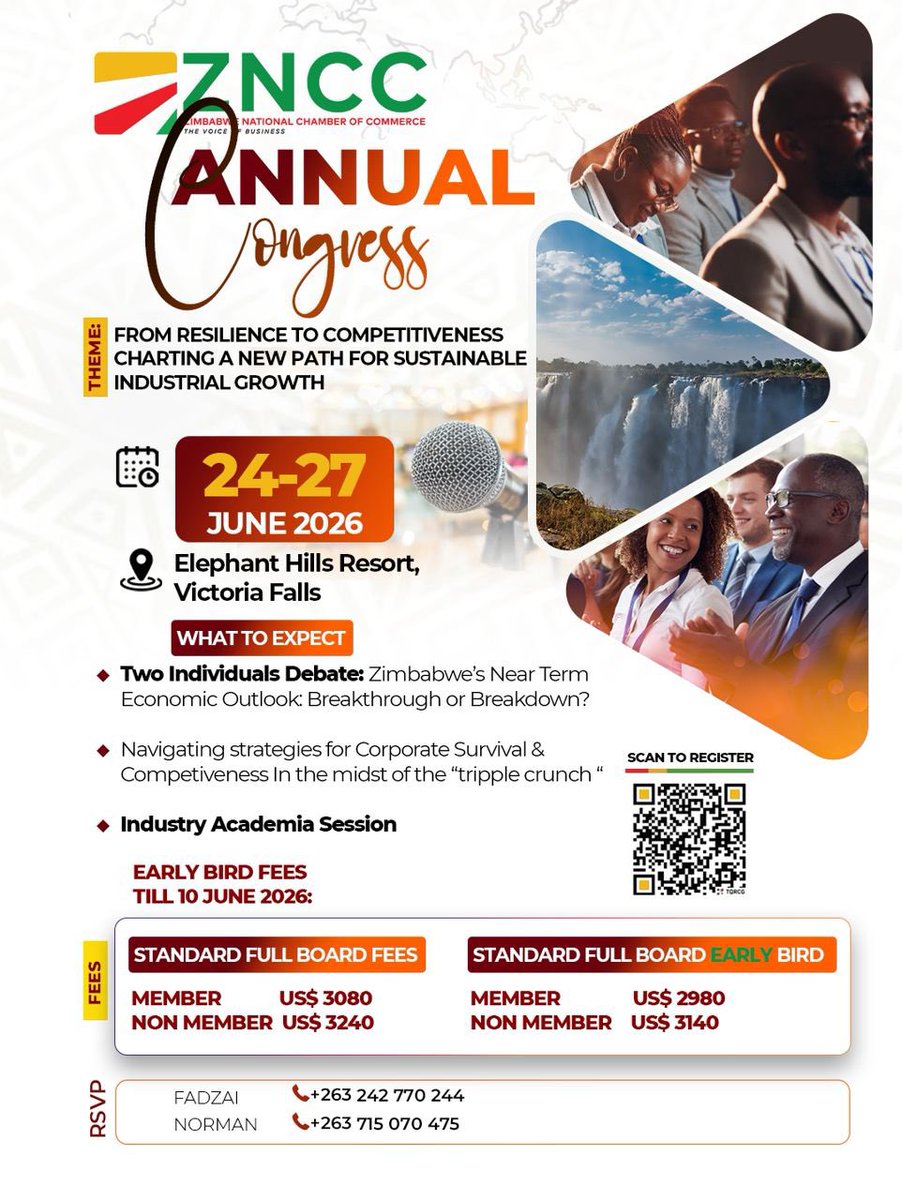 ZNCCNational's tweet photo. Businesses in Zimbabwe continue to operate under mounting pressure arising from high borrowing costs, increase in taxation and growing regulatory obligations! These challenges are significantly affecting business viability,investment decisions, production costs & long term competitiveness. 
How can the country therefore balance revenue mobilisation objectives with private sector sustainability?? 
To answer this and many other pertinent questions join us from the 24-27th of June at the 2026 Annual Congress! 
Click below ⬇️ to Register & secure your seat 
https://t.co/WPs011RVeP

#AnnualCongress #TheVoiceofBusiness