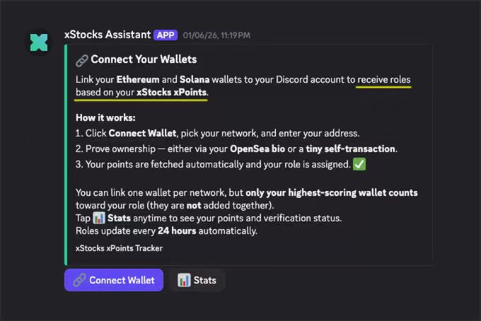 CamddMurray's tweet photo. xStocks 现在支持将账户与 Discord 连接，并根据 xPoints 解锁对应角色。操作步骤如下：

加入 xStocks Discord 服务器

链接：https://t.co/JYkSDNDSQf

进入“wallet-verify”���道

打开钱包验证消息

选择验证方式并完成流程，角色会自动分配。 https://t.co/AoJ5YfuvCw