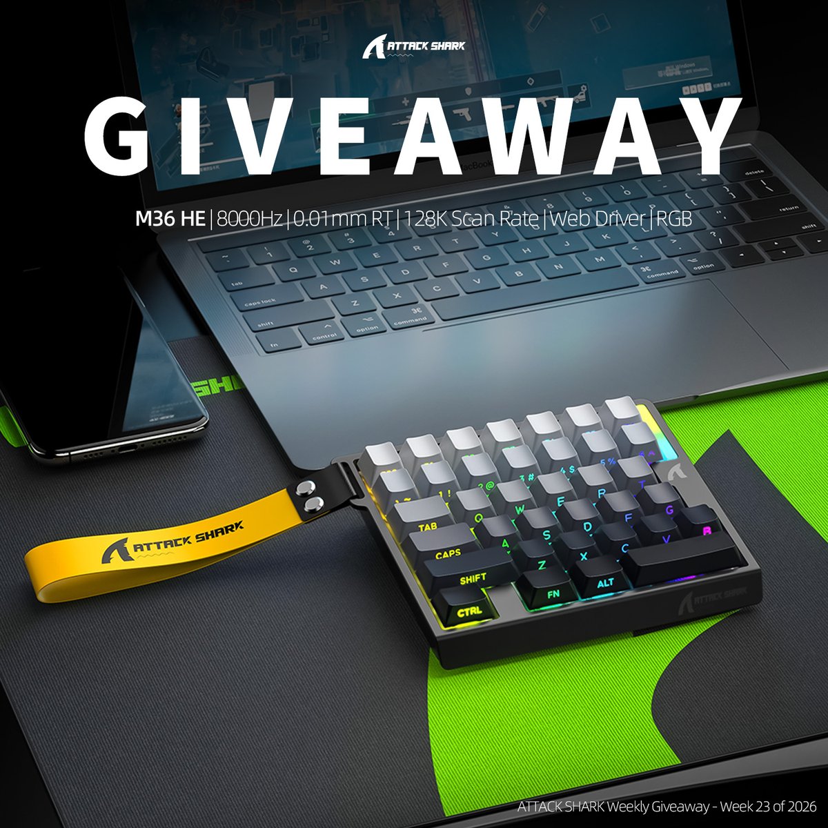 ATTACKSHARKGEAR's tweet photo. ATTACK SHARK Weekly Giveaway - Week 23 of 2026🎉

👉To enter:
Just nter the following link and follow the prompts to participate.
https://t.co/xbPH8Kasl1

🎁Prize:
1 Winner, ATTACK SHARK M36HE KEYBOARD
 
📝Terms:
-The winner will be announced on Jun. 10.
-Giveaway open to the world.

👉Where to buy: 
https://t.co/Igh6ExUAJ3

🔆Prize features:
• 22 RGB lighting effects
• 0.01mm RT Precision
• 8000Hz Polling Rate, 0.125ms Latency
• Gateron Magnetic Switches
• High-frequency E-sports Chip, 128K Scan Rate
• 5‑Layer Sound‑Optimizing
• Web Driver

👑Last winner:
Stephen P, #61097, Congratulations!