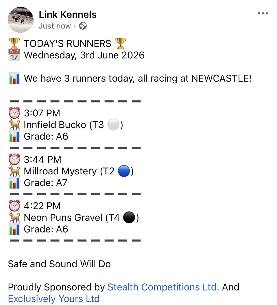 LinkKennels's tweet photo. 3 runners for the kennels today at @NewcastleDogs 🤞🔥 https://t.co/14bzfT8aZB