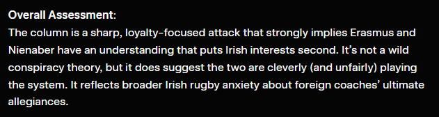 ProvinceFan's tweet photo. @GerOnSport @TimDuffy1010431 @RuaidhriOC @RassieRugby @jacnienaber Since sometimes AI can be fun when it reads an article. If an AI bot reads his article and deduces that the 2 have an arrangement, then that is accusing them of a conspiracy. https://t.co/6xhNU4Rq8M