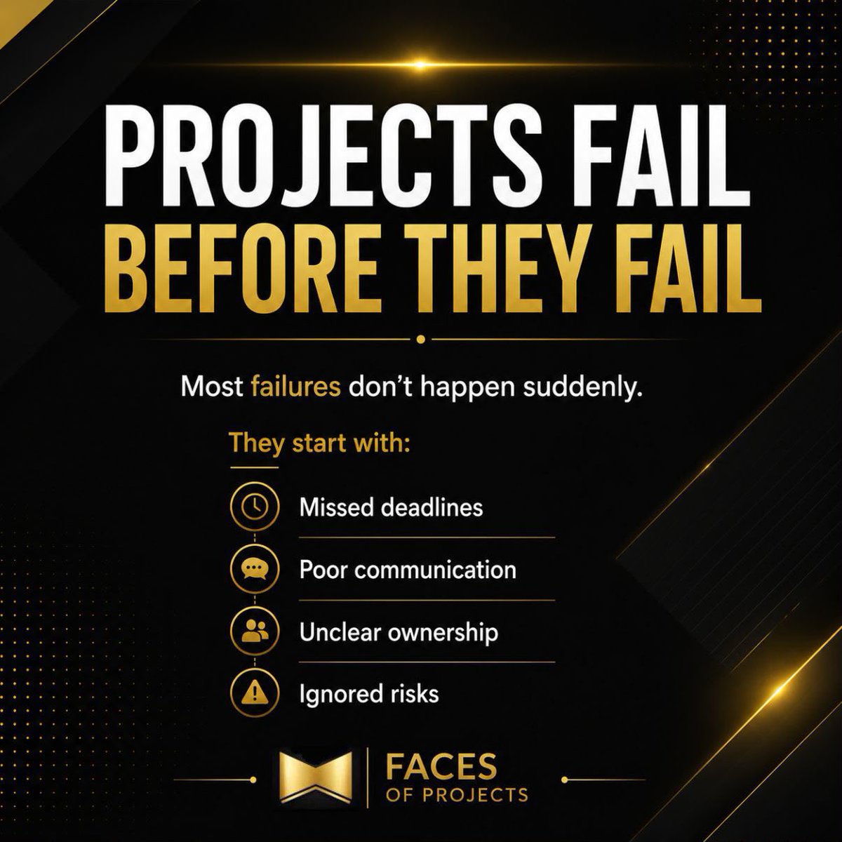 facesofprojects's tweet photo. Projects rarely fail suddenly.

The warning signs usually appear early:
• Missed deadlines
• Poor communication
• Unclear ownership
• Ignored risks

Which of these gets ignored the most in your experience?

Share your story 👇

#FacesOfProject #ProjectManagement #Nigeria https://t.co/RUT3TELa42