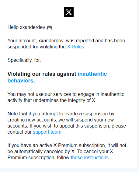 xxanderts's tweet photo. My account @xxanderdev was just suspended for "inauthentic behavior".

Apparently, being an active artist and supporting others is now a red flag. My profile is gone, and all my activity from the past year has been wiped out. https://t.co/FM3IVf79Fb