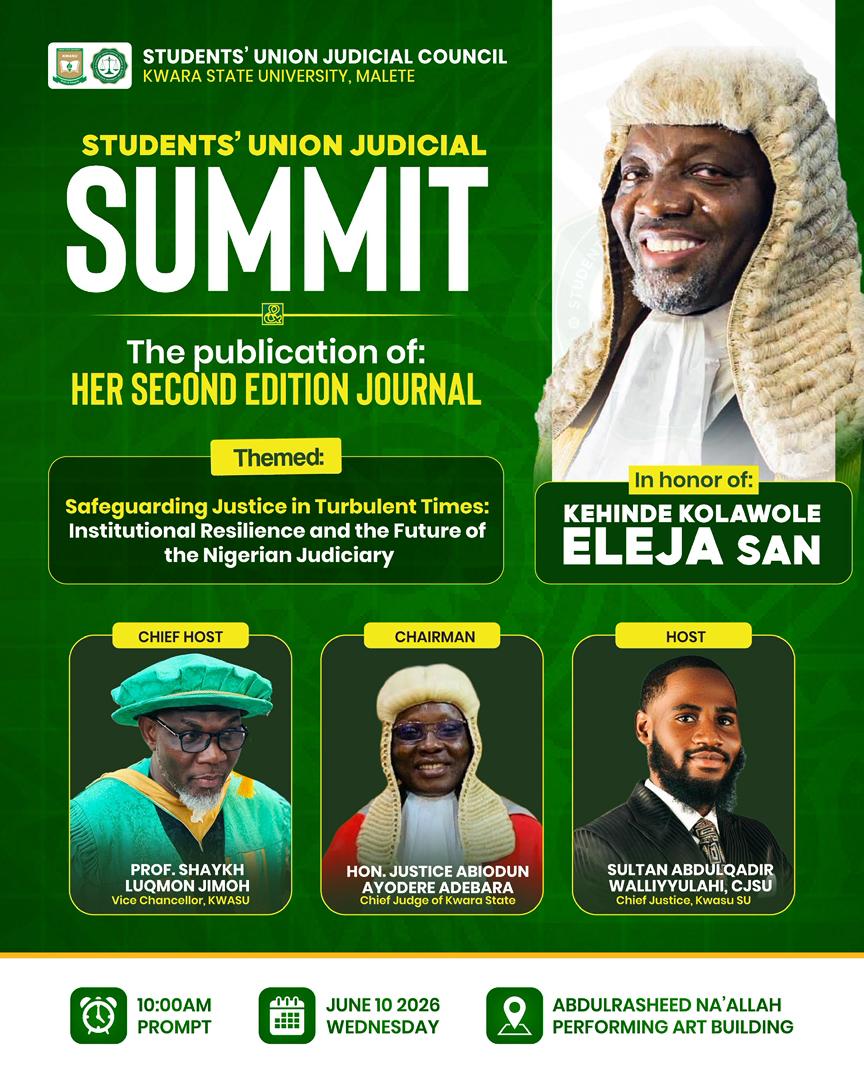 thekwasusu's tweet photo. There’s a reason justice concerns everyone, not just lawyers.

Through our weekly #DidYouKnow series, we share insights that inform, educate, and inspire the KWASU community.

Did you know? The Students' Union Judicial Summit serves as a platform for meaningful conversations on justice, institutional resilience, and the future of the Nigerian judiciary.

Be part of the conversation. Attend the Summit and engage with ideas that shape the future of justice and society.

#PeoplesEra #KWASU