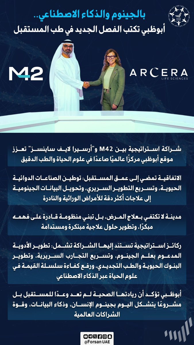 Forsan_UAE's tweet photo. بالجينوم والذكاء الاصطناعي.. أبوظبي تكتب فصلاً جديداً في طب المستقبل عبر شراكة استراتيجية بين M42 و"أرسيرا لايف ساينسز"؛ لتعزيز ريادتها في علوم الحياة والطب الدقيق من خلال توطين الصناعات الدوائية، وتسريع التطوير السريري، وتطوير علاجات مبتكرة للأمراض الوراثية والنادرة 🇦🇪✨

@M42Health