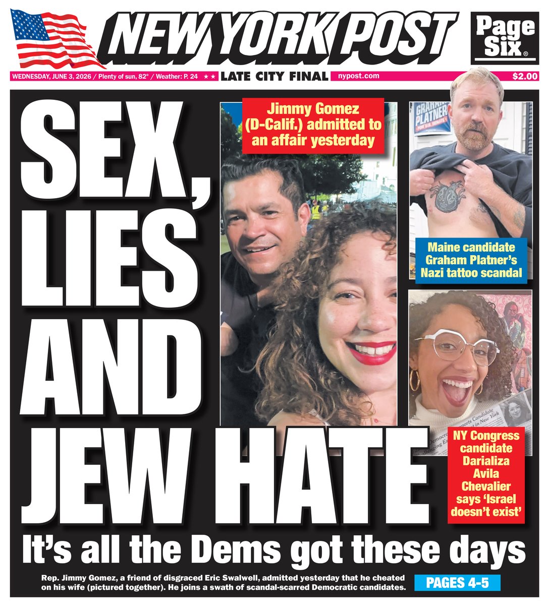 nypost's tweet photo. ‘Sleazebag’ Dad Caucus founder Rep. Jimmy Gomez admits to cheating on wife after Post exposé. Read today's cover here: https://t.co/skDBNVftKR https://t.co/mSXteuBvh7