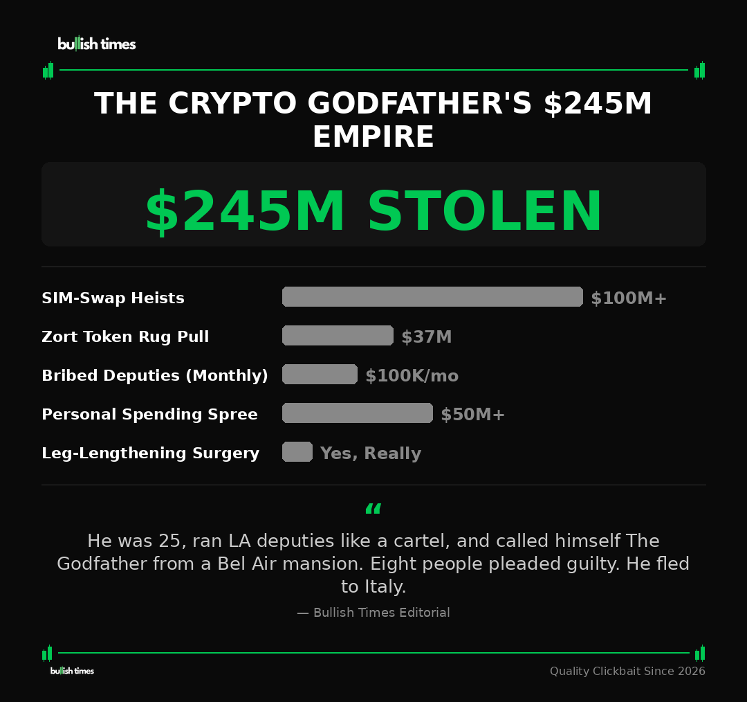 BullishTimes_'s tweet photo. A 25-year-old called himself "The Godfather" from his Bel Air mansion. He hired corrupt sheriff's deputies as enforcers and orchestrated a kidnapping linked to a $245M Bitcoin heist. Adam Iza just pleaded guilty. 🧵👇 https://t.co/ISKzF8nYs4