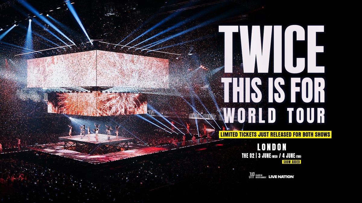 LiveNationUK's tweet photo. EXTRA TICKETS RELEASED: @JYPETWICE will take over London's @TheO2 tonight &amp; tomorrow, with a limited number of tickets just released for both shows 
 
🎟️ Grab yours while you can 
🔗 https://t.co/HQJrrBmd6c https://t.co/EgAicV4np3