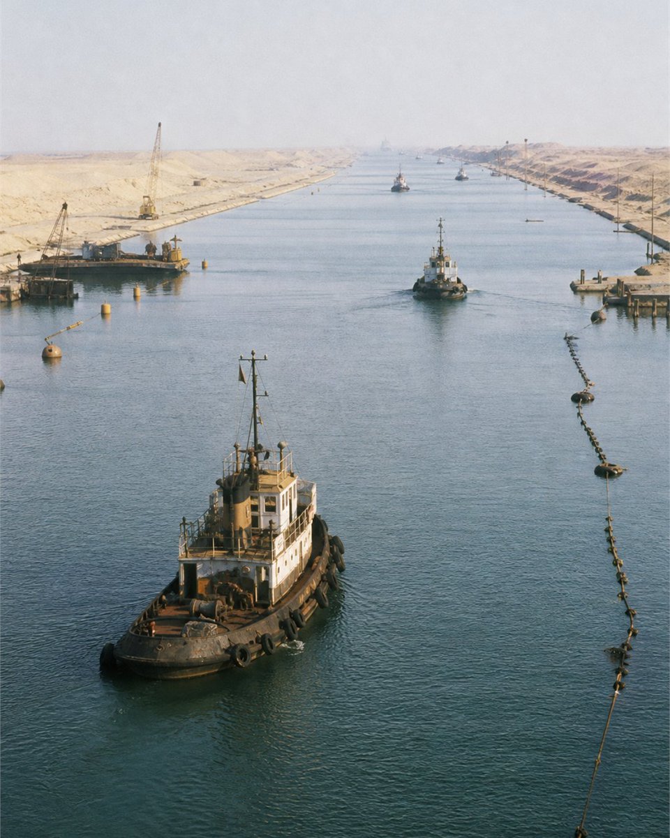 CameraNeverSaw's tweet photo. On June 5, 1975, the Suez Canal reopened after eight years closed.

Before ships could return, the waterway had to be cleared of the wreckage and hazards left by war.

A blocked route became a passage again. https://t.co/q0Lncvqq0i